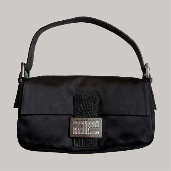 FENDI Baguette Black Silk Satin Lizard Leather Crystal Exotic Skin EUC Y2K - Picture 1 of 9